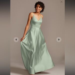 David Bridals Sage Spaghetti Strap Satin A-Line Long Dress